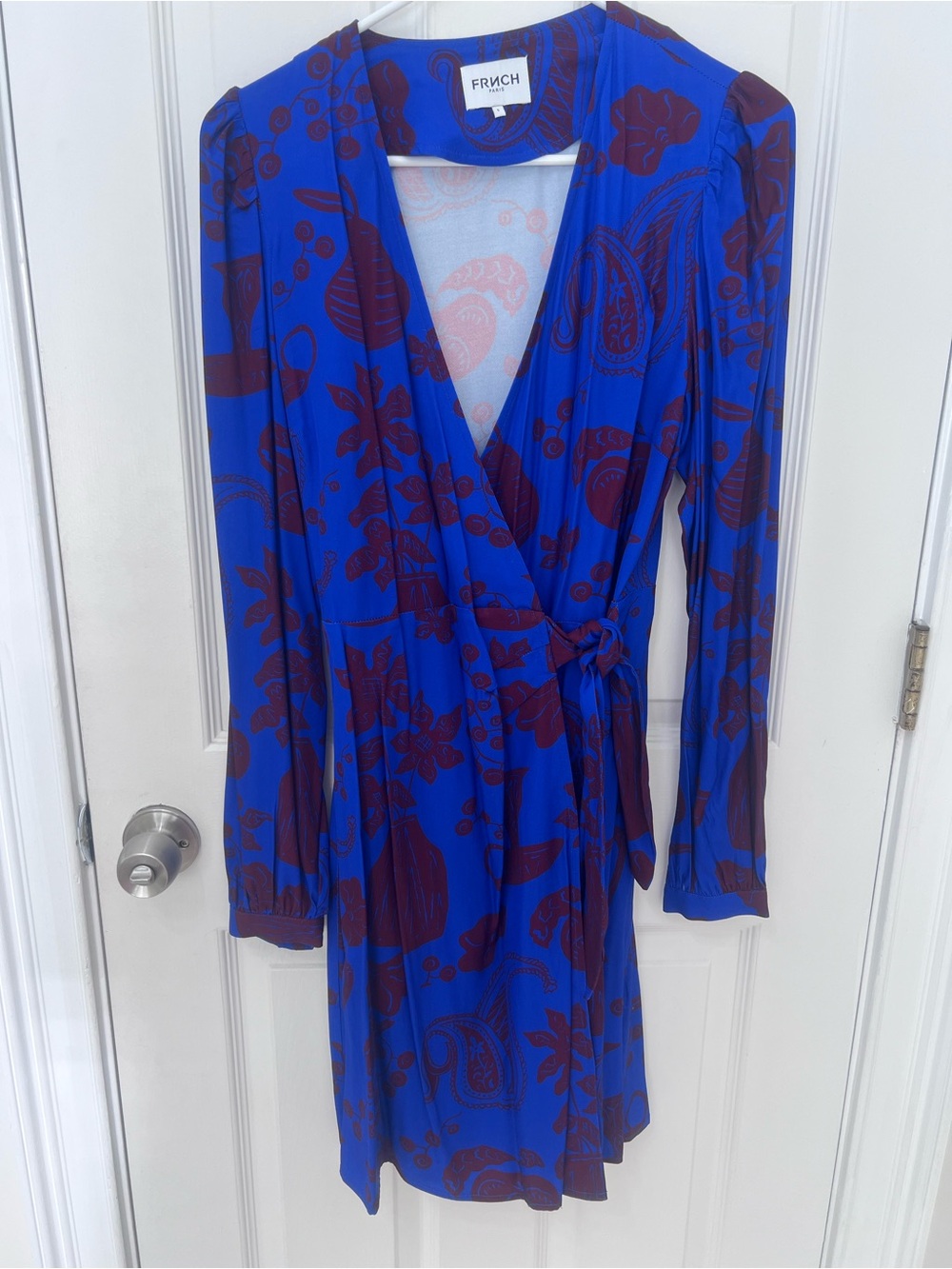FRNCH Royal Blue Wrap Dress with Burgundy Floral Motif